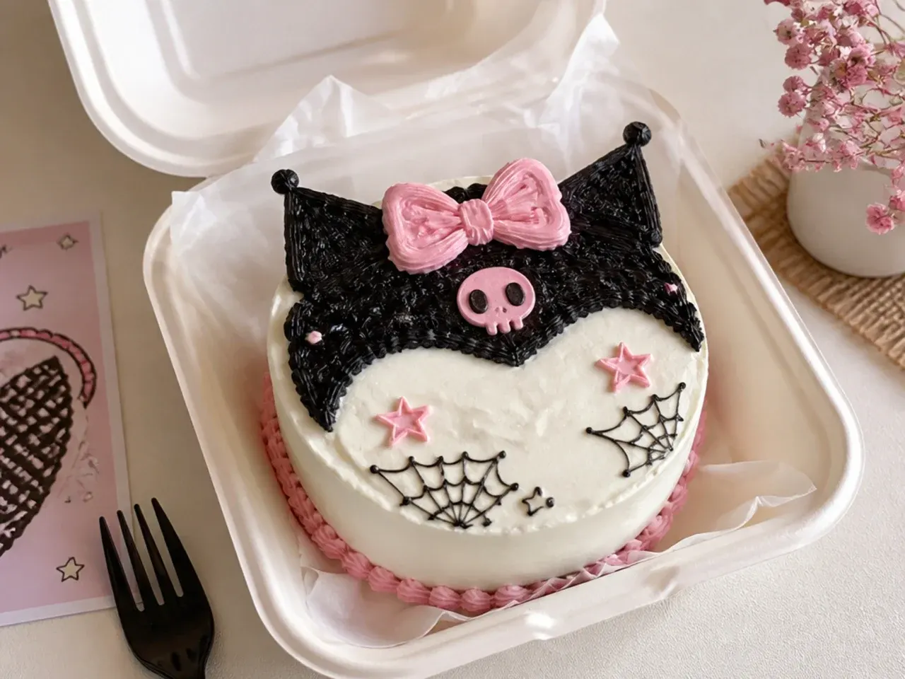 Easy kuromi bento cake with soft whipped cream frosting and simple pink bow