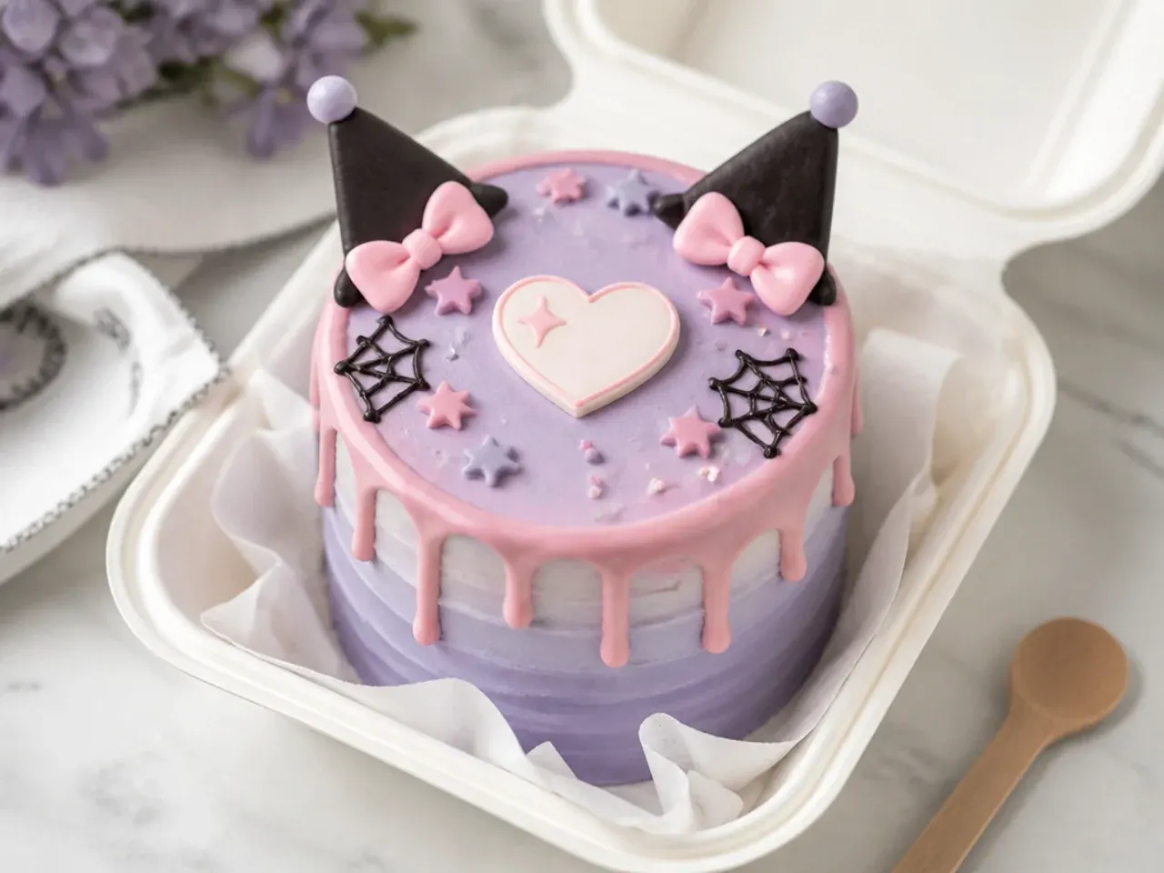 Elegant lavender ombre kuromi bento cake with pink ganache drip
