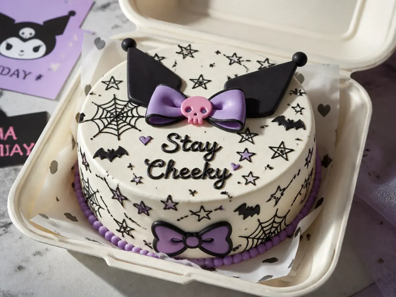Playful kuromi bento cake covered in hand-drawn black doodles and stars