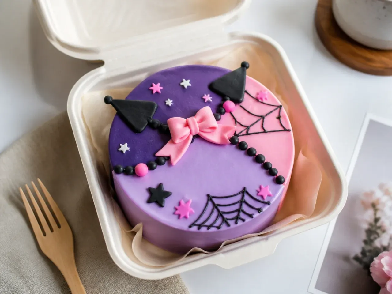 Modern color-block kuromi bento cake with sharp purple and pink sections