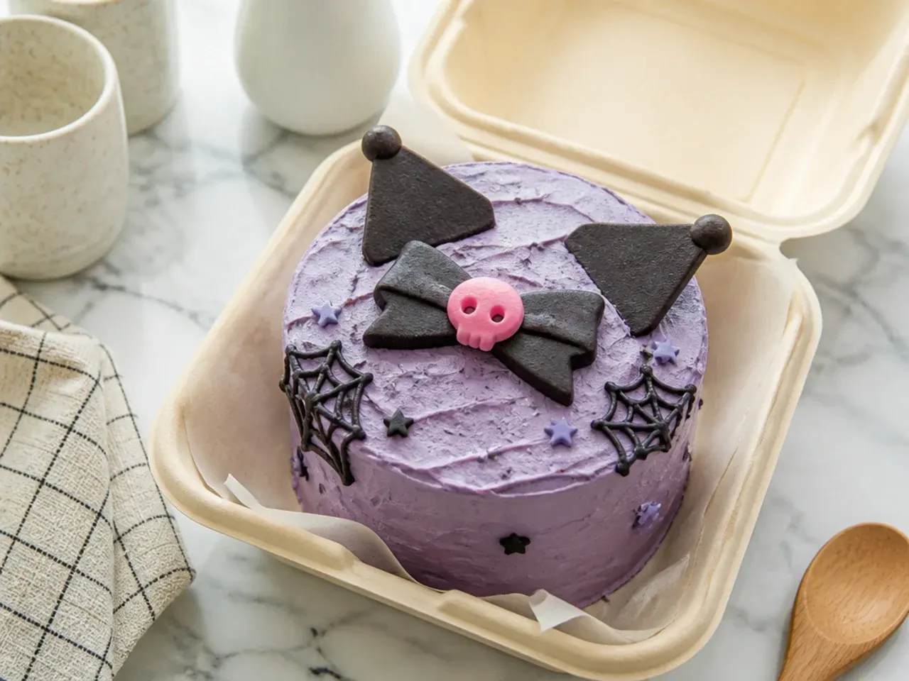 Rustic kuromi bento cake with textured spoon-pressed purple buttercream sides