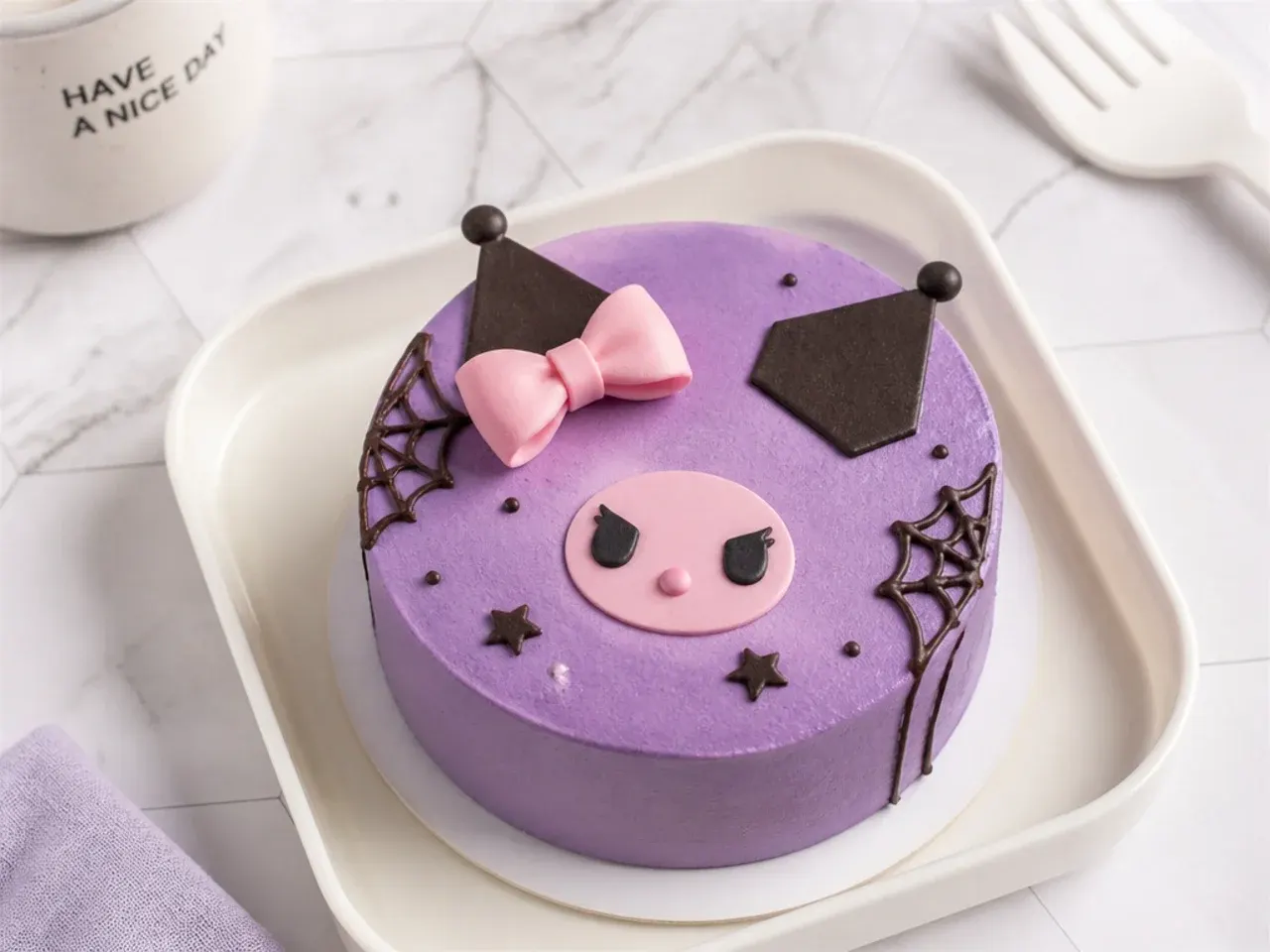 Minimal smooth purple kuromi bento cake with one pink bow
