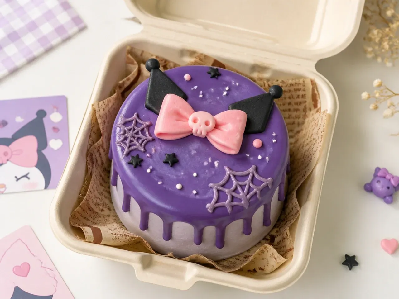 Whimsical kuromi bento cake with purple chocolate drip and pink bow