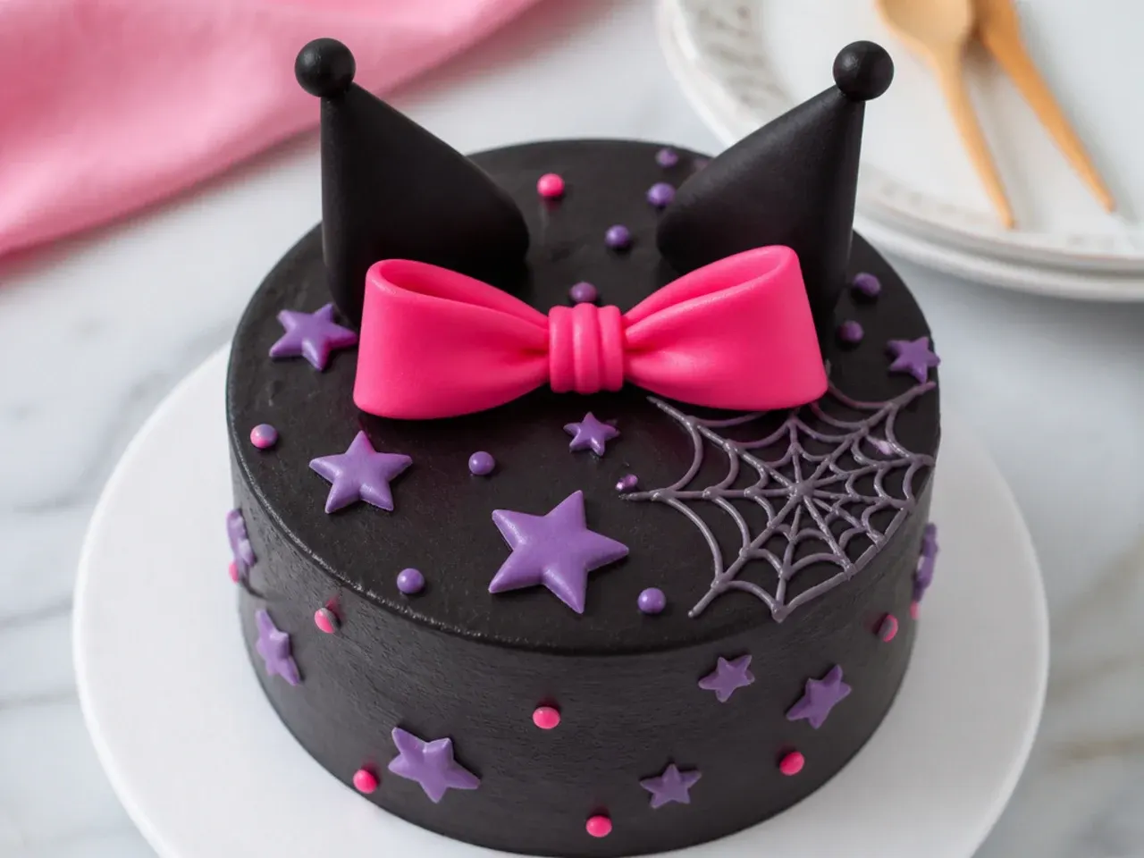 Bold black kuromi bento cake with bright purple stars and hot pink bow