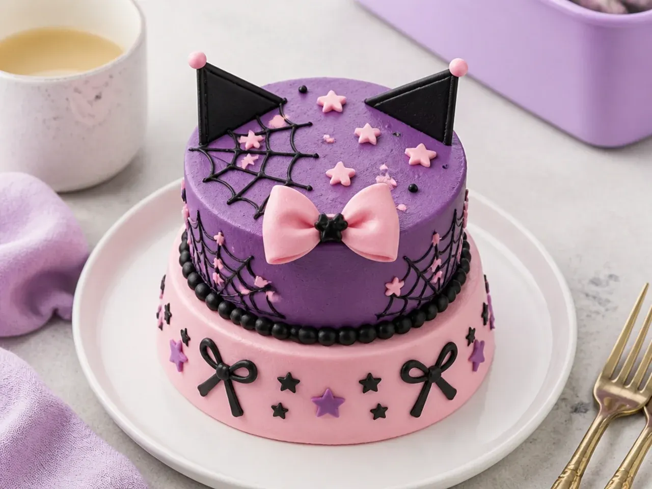 Creative two-tier mini kuromi bento cake with purple and pink tiers