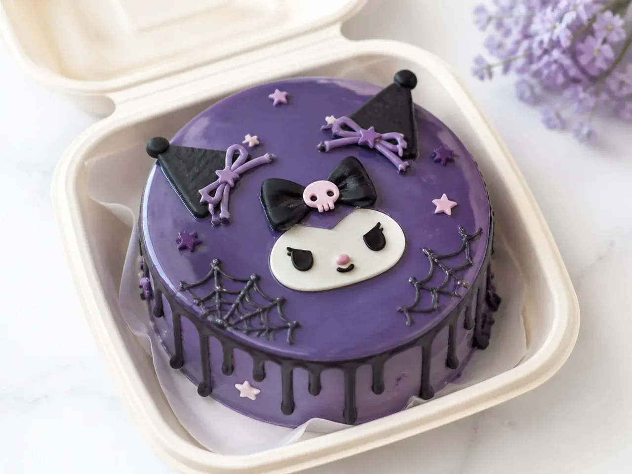 Charming kuromi bento cake with glossy purple mirror glaze top