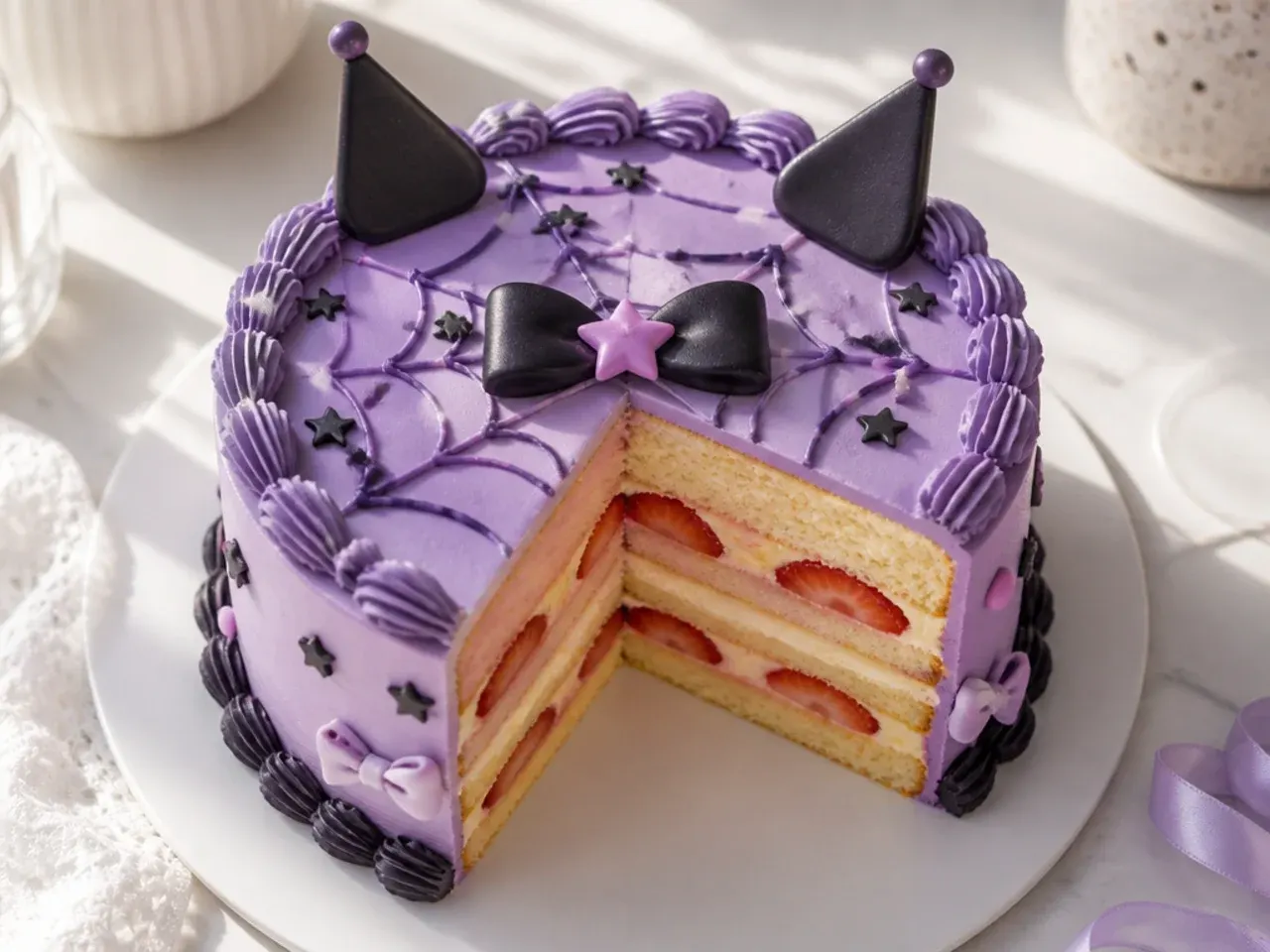 Classic purple kuromi bento cake sliced to show strawberry filling