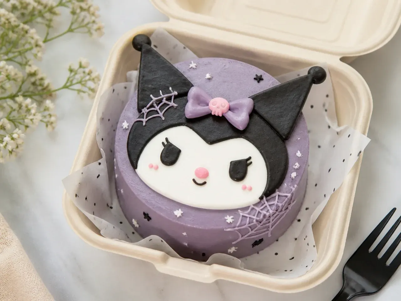 Easy no-tools kuromi bento cake decorated with a snipped sandwich bag