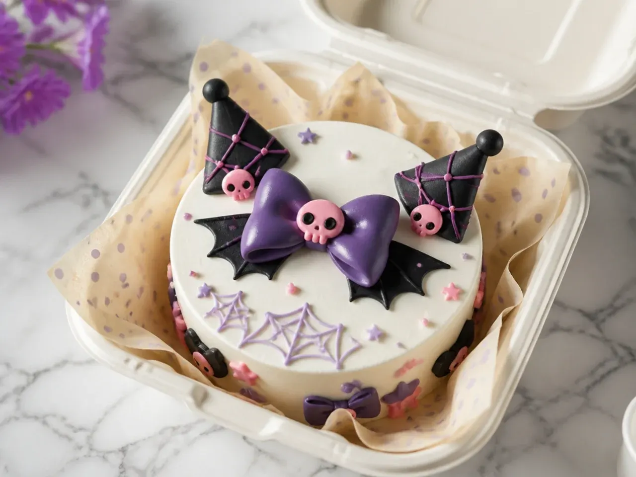 Elegant white-base kuromi bento cake with purple bow and pink accents