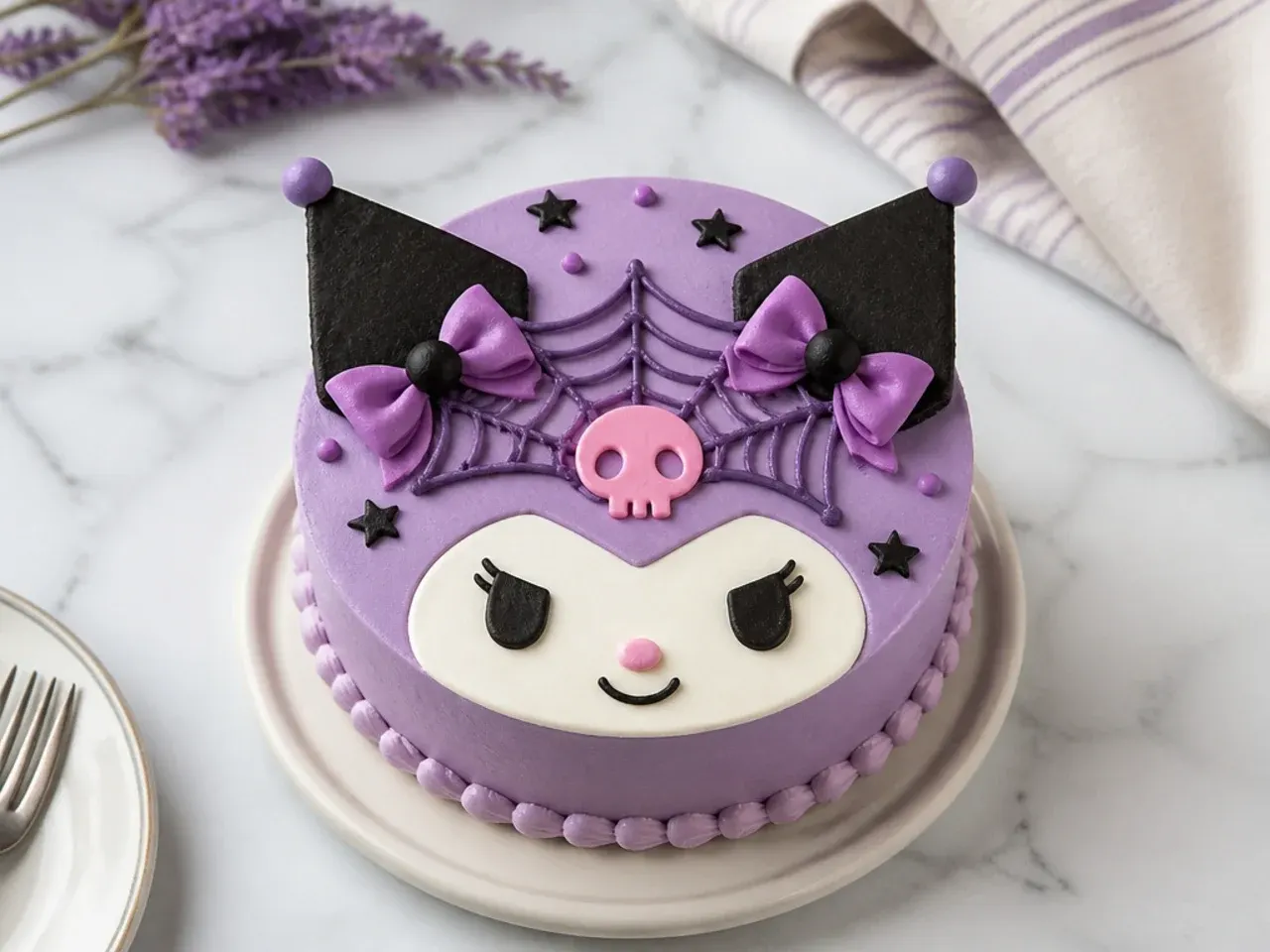 Playful kuromi bento cake with simple piped cartoon face expression