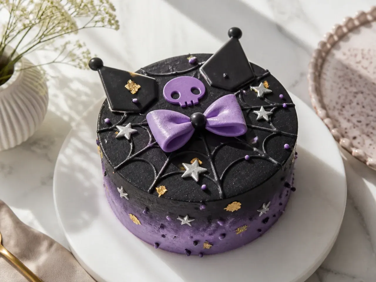 Modern kuromi bento cake with metallic silver stars and gold leaf accents