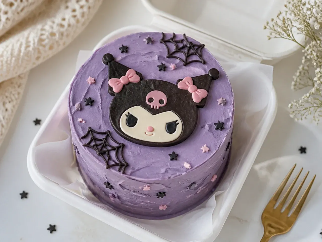 Rustic chocolate kuromi bento cake with textured purple buttercream