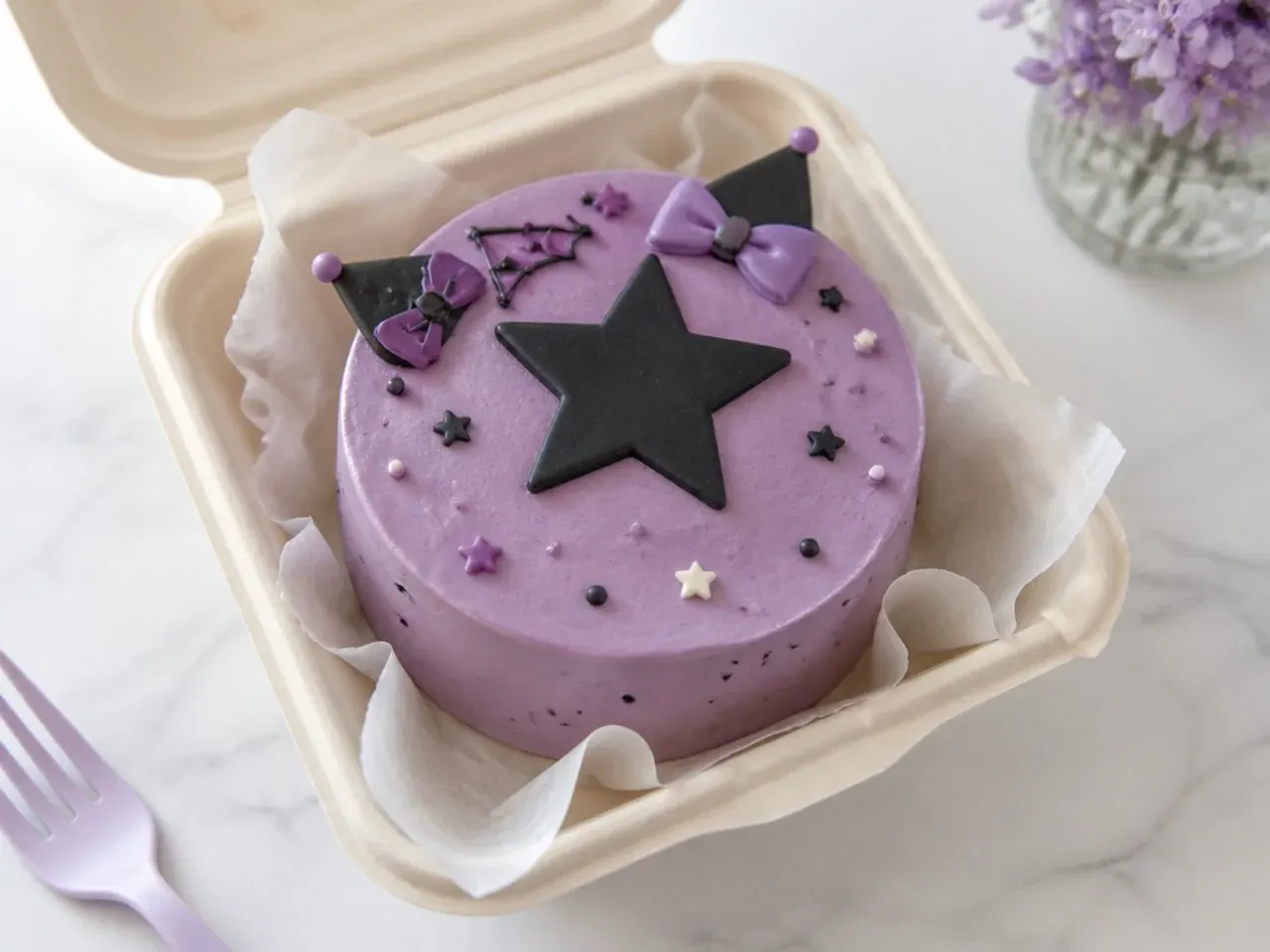 Minimal purple kuromi bento cake with one large black star motif