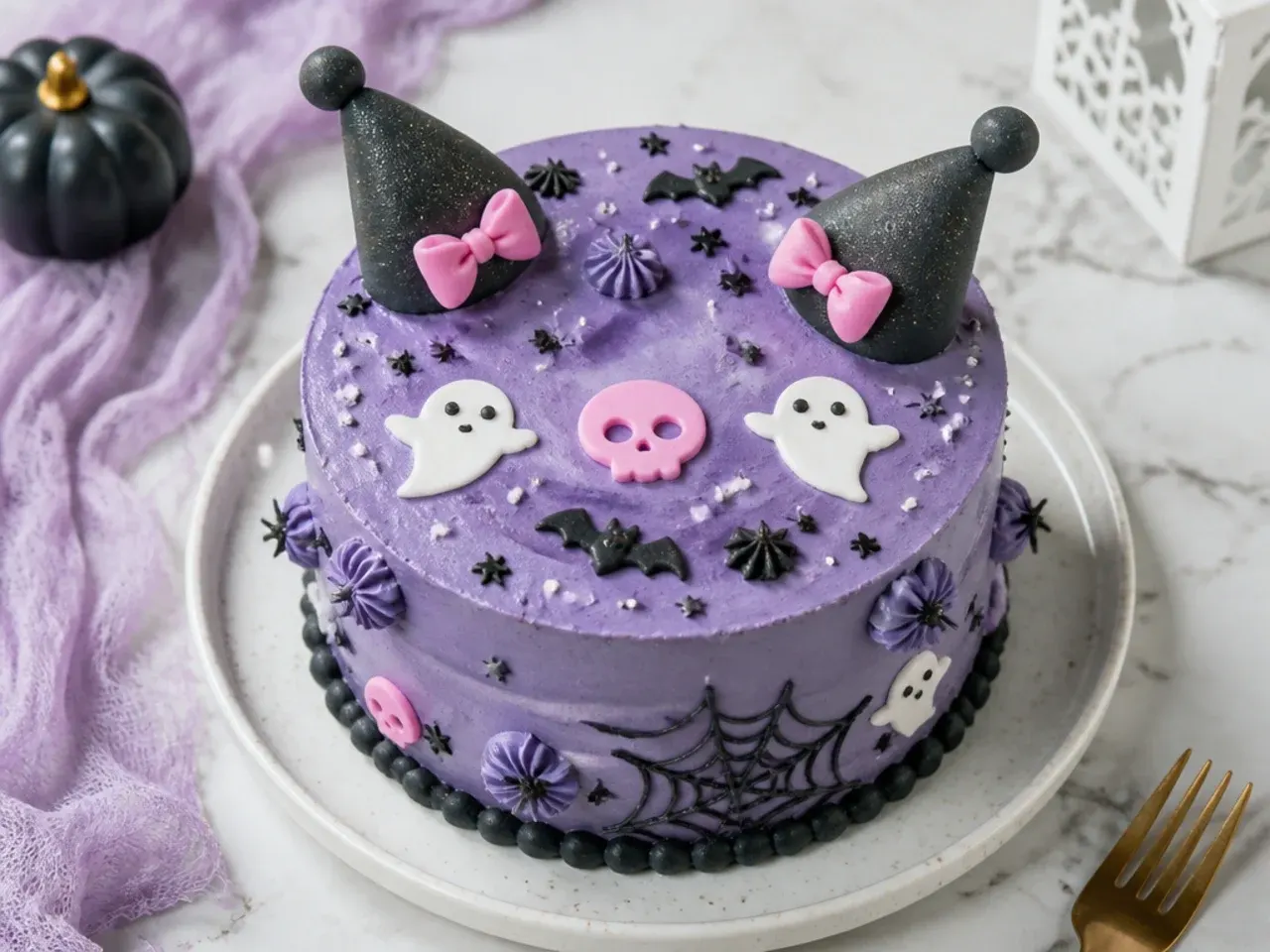 Festive Halloween kuromi bento cake with white ghosts and black bat doodles