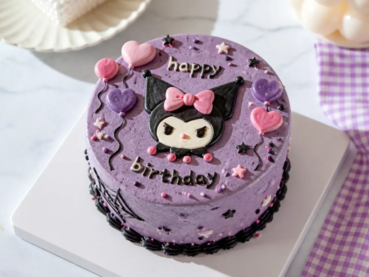 Whimsical kuromi bento cake with piped balloons and confetti in purple and pink