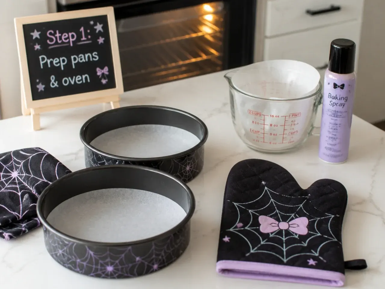 kuromi birthday cake — step 1: prep pans and oven