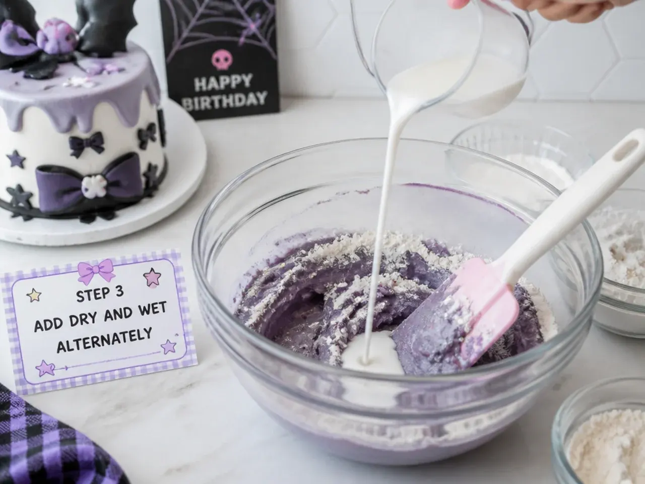 kuromi birthday cake — step 3: add dry and wet alternately