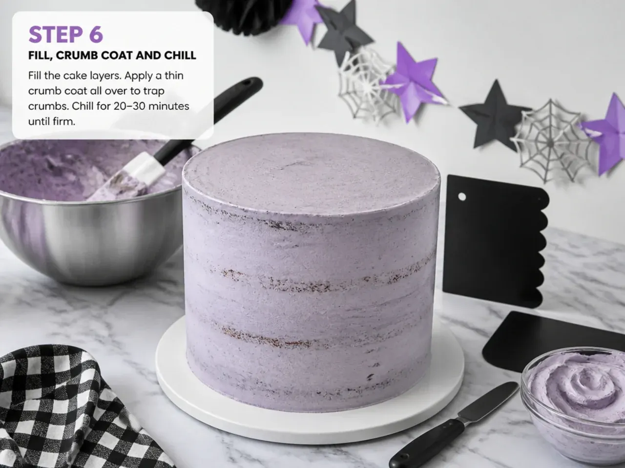 kuromi birthday cake — step 6: fill, crumb coat and chill