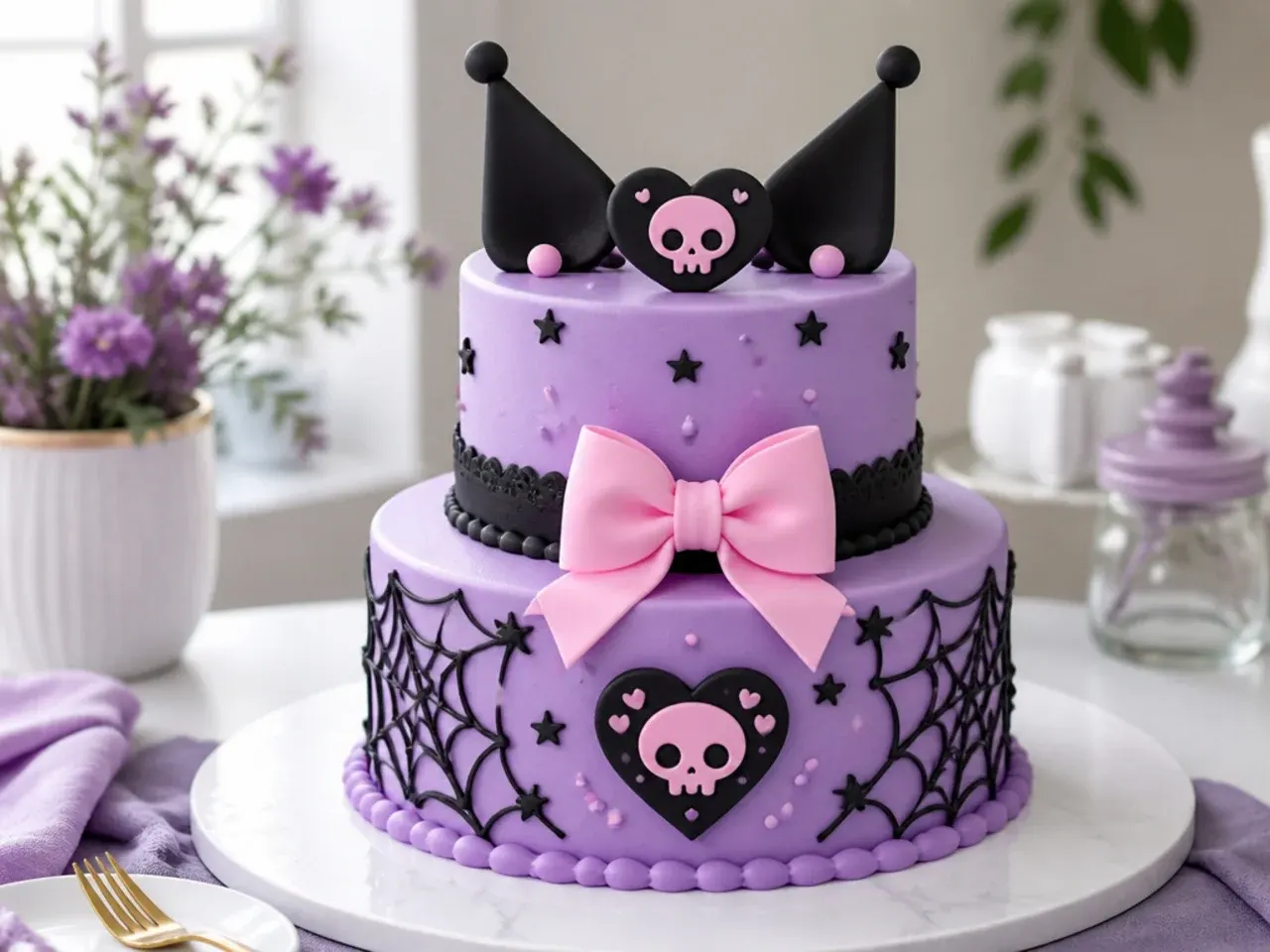 Classic two-tier lavender and black Kuromi birthday cake with pink bow accent