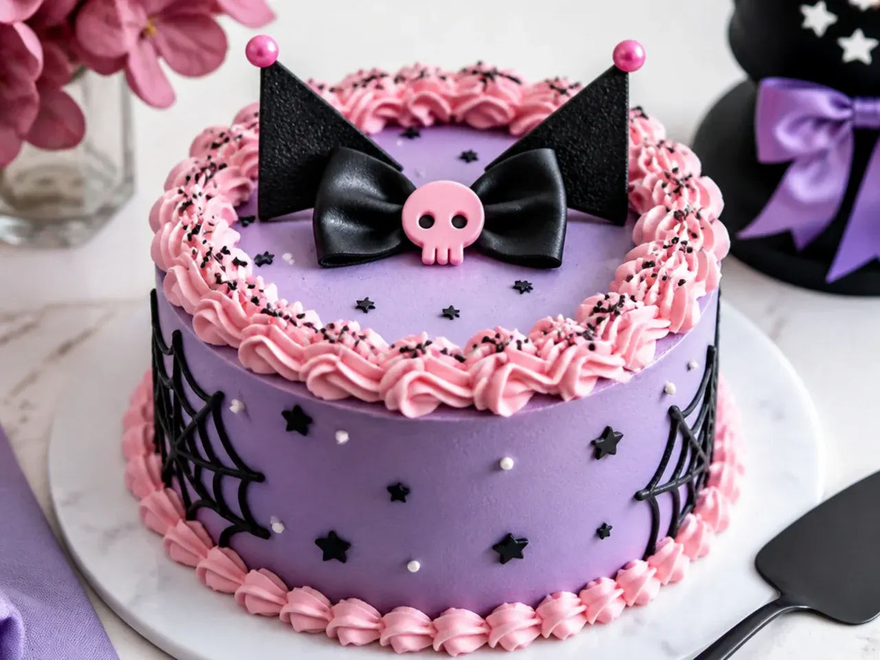 Easy single-layer lavender Kuromi cake idea with pink rosettes for beginners
