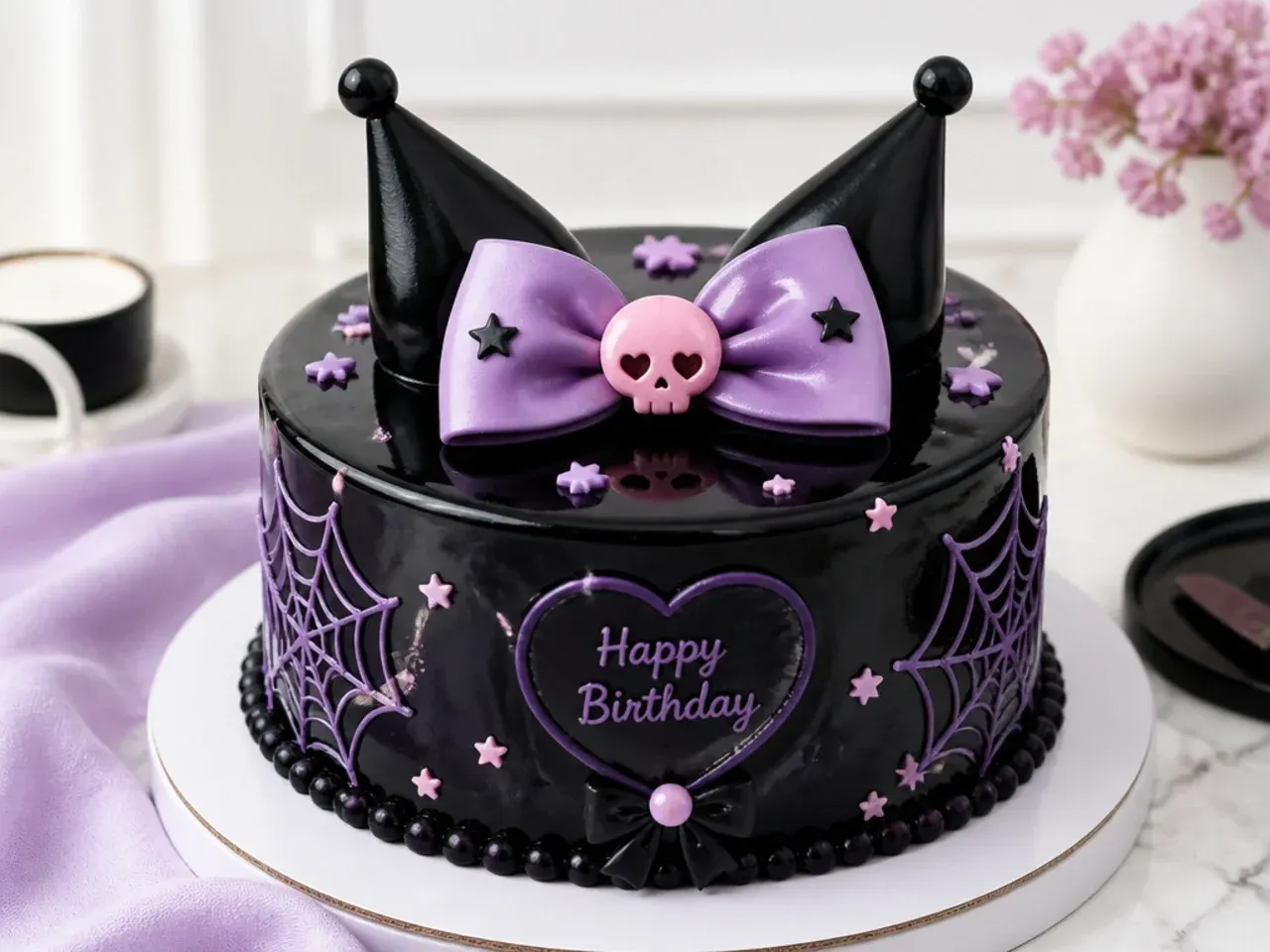 Elegant glossy black mirror-glaze Kuromi birthday cake with lilac bow accent