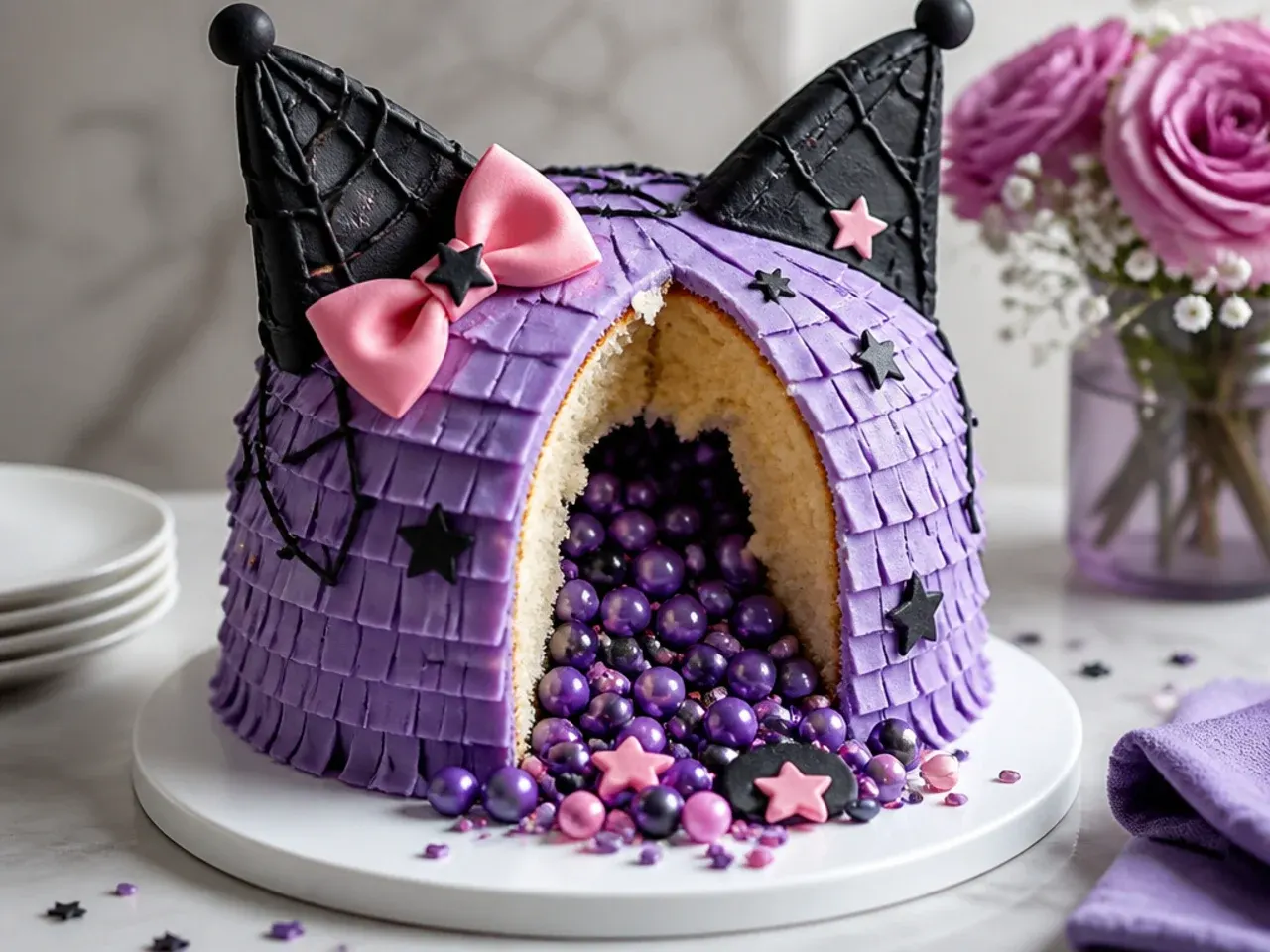 Playful Kuromi piñata cake idea with purple candy surprise inside