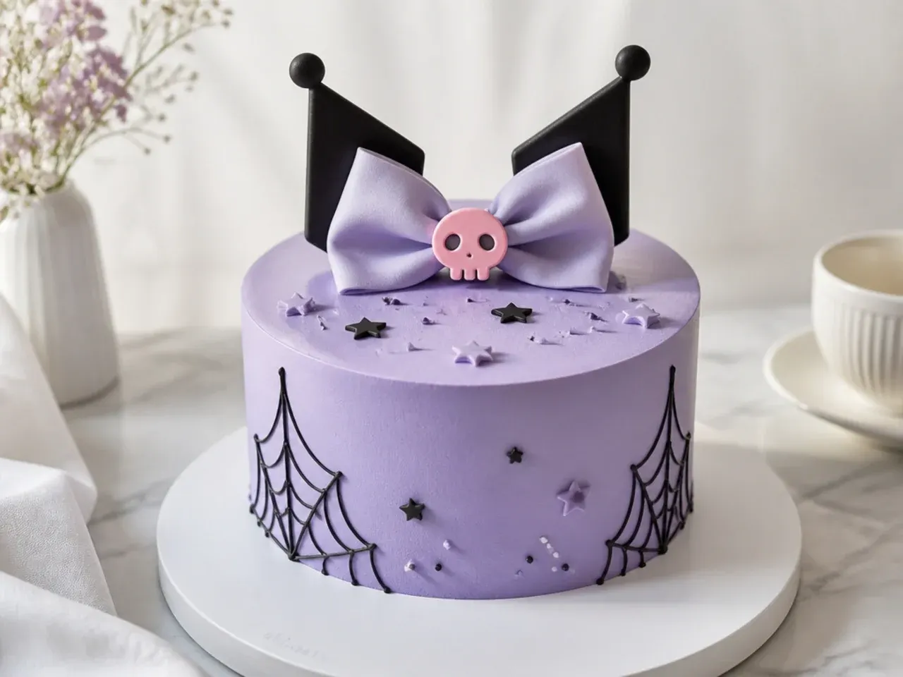 Modern minimalist smooth lavender Kuromi birthday cake with single bow