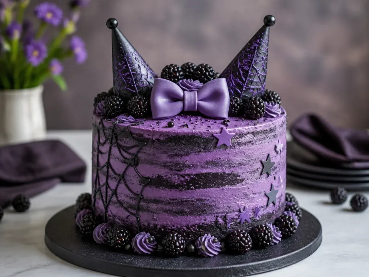 Rustic semi-naked purple Kuromi cake idea with fresh blackberries
