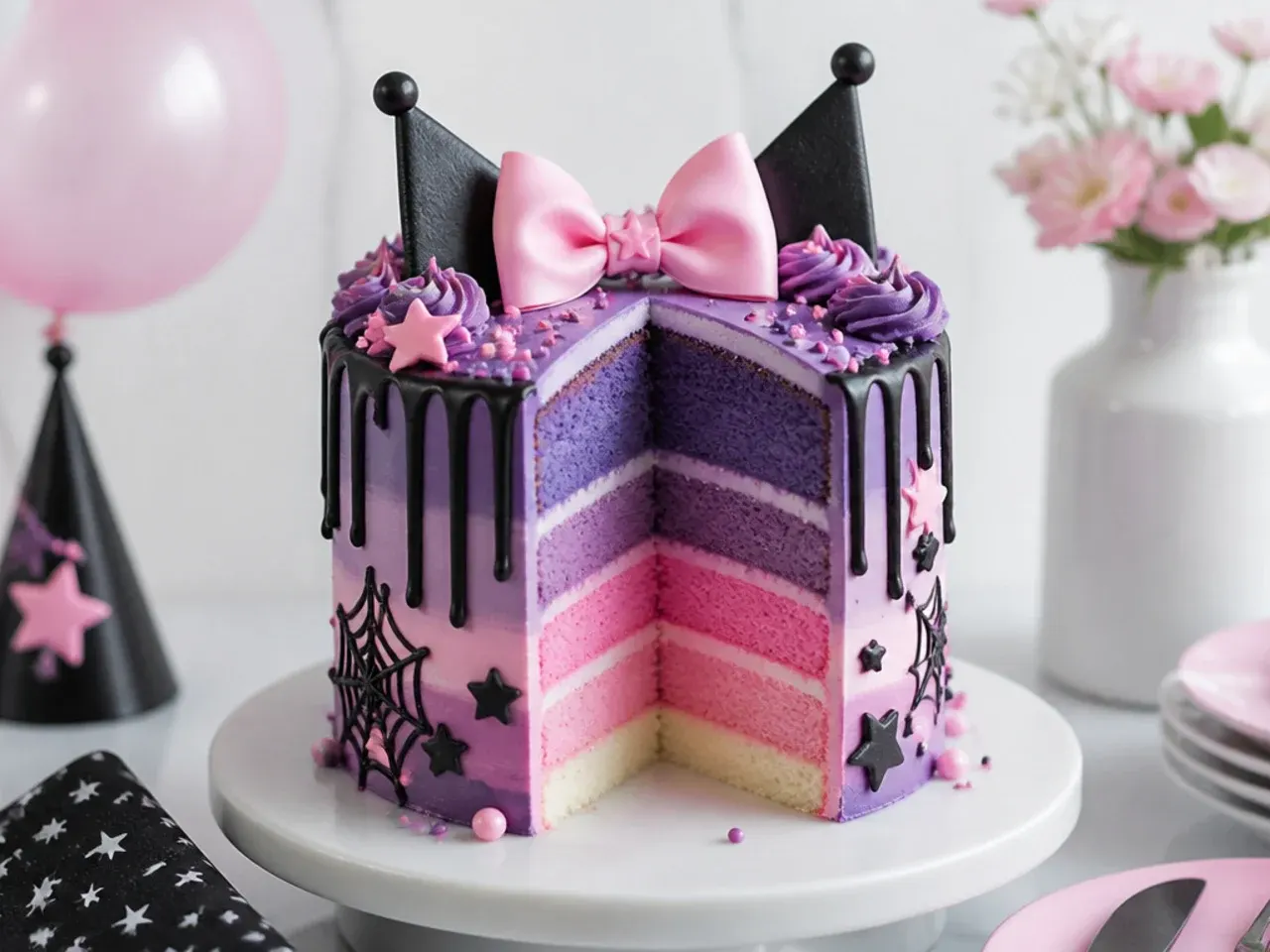 Colorful purple and pink rainbow-layer Kuromi birthday cake reveal