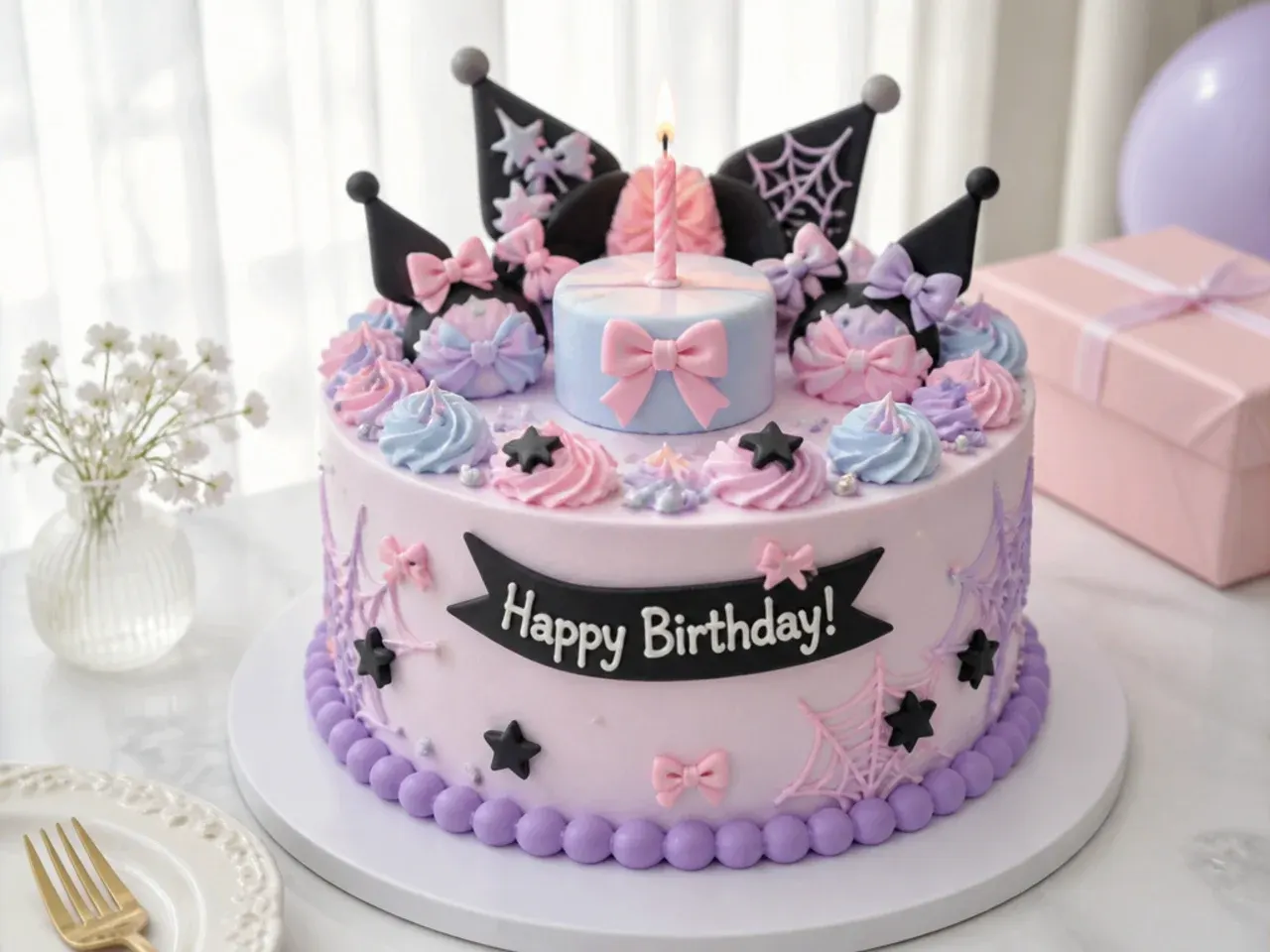 Festive Kuromi and friends Sanrio group birthday cake in pastel colors