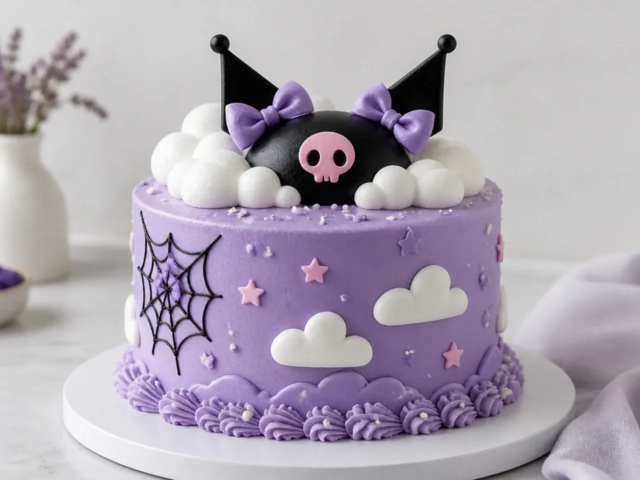 Whimsical cloud-topped lavender Kuromi birthday cake with piped clouds