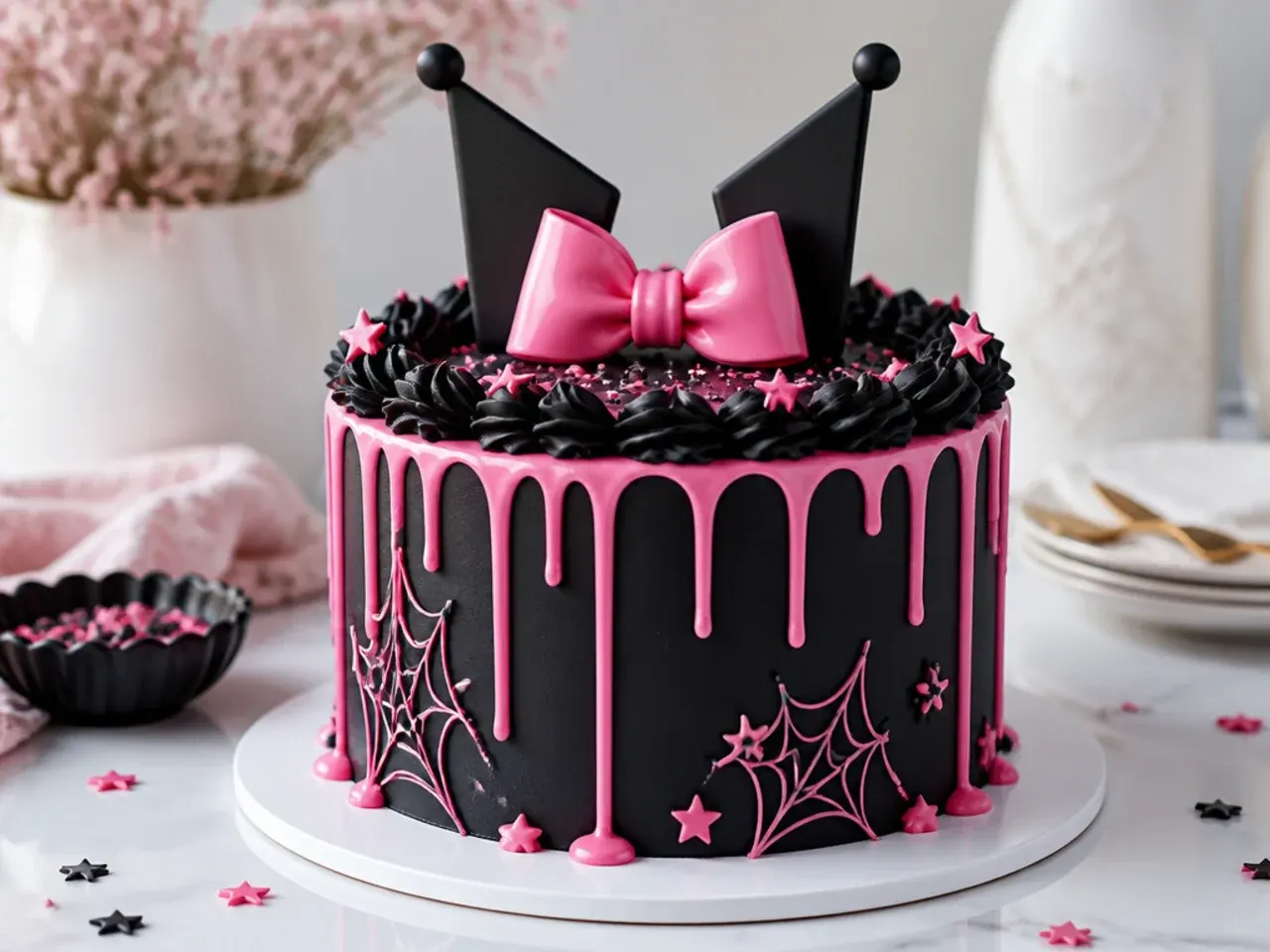 Bold black buttercream Kuromi drip cake with hot pink drips