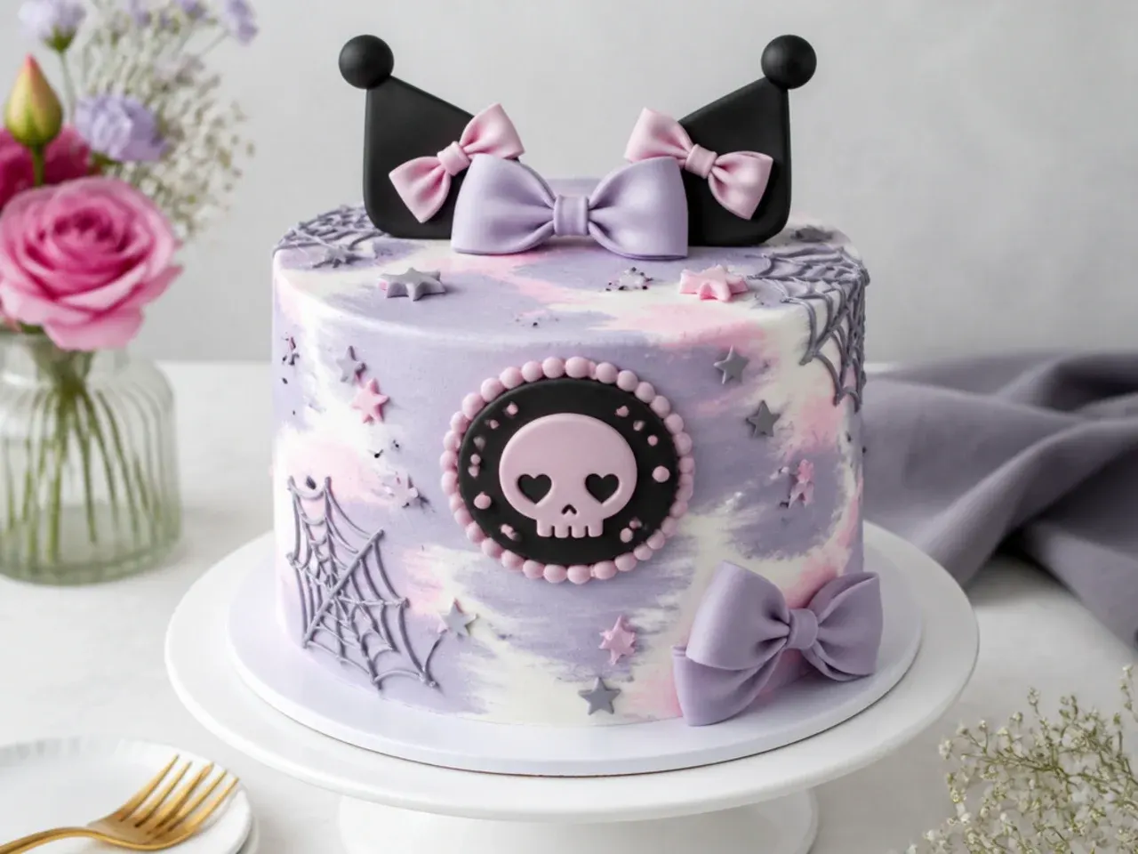 Delicate watercolor buttercream Kuromi cake in lilac, pink and grey