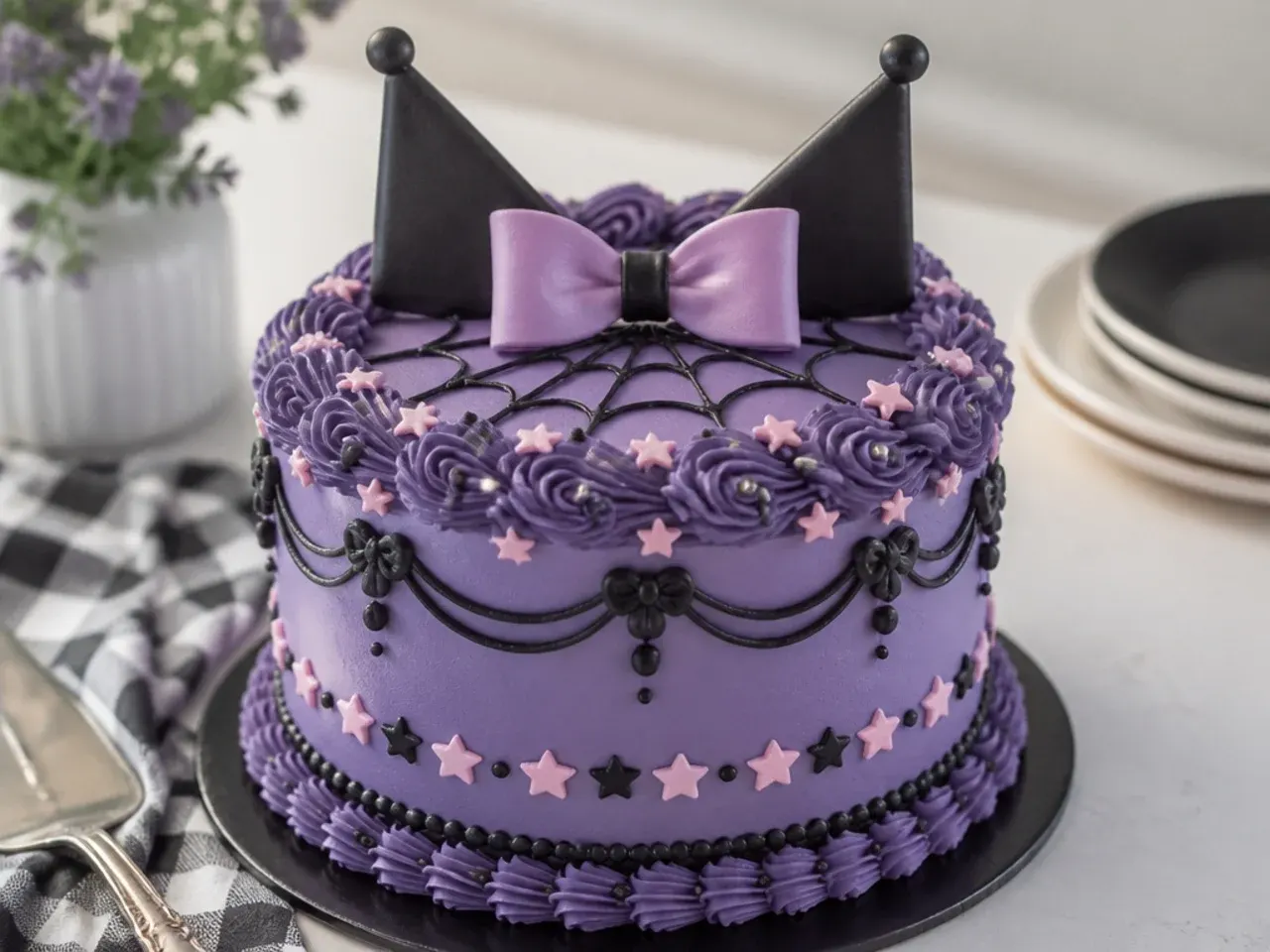 Vintage Lambeth-piped purple Kuromi birthday cake with ornate texture
