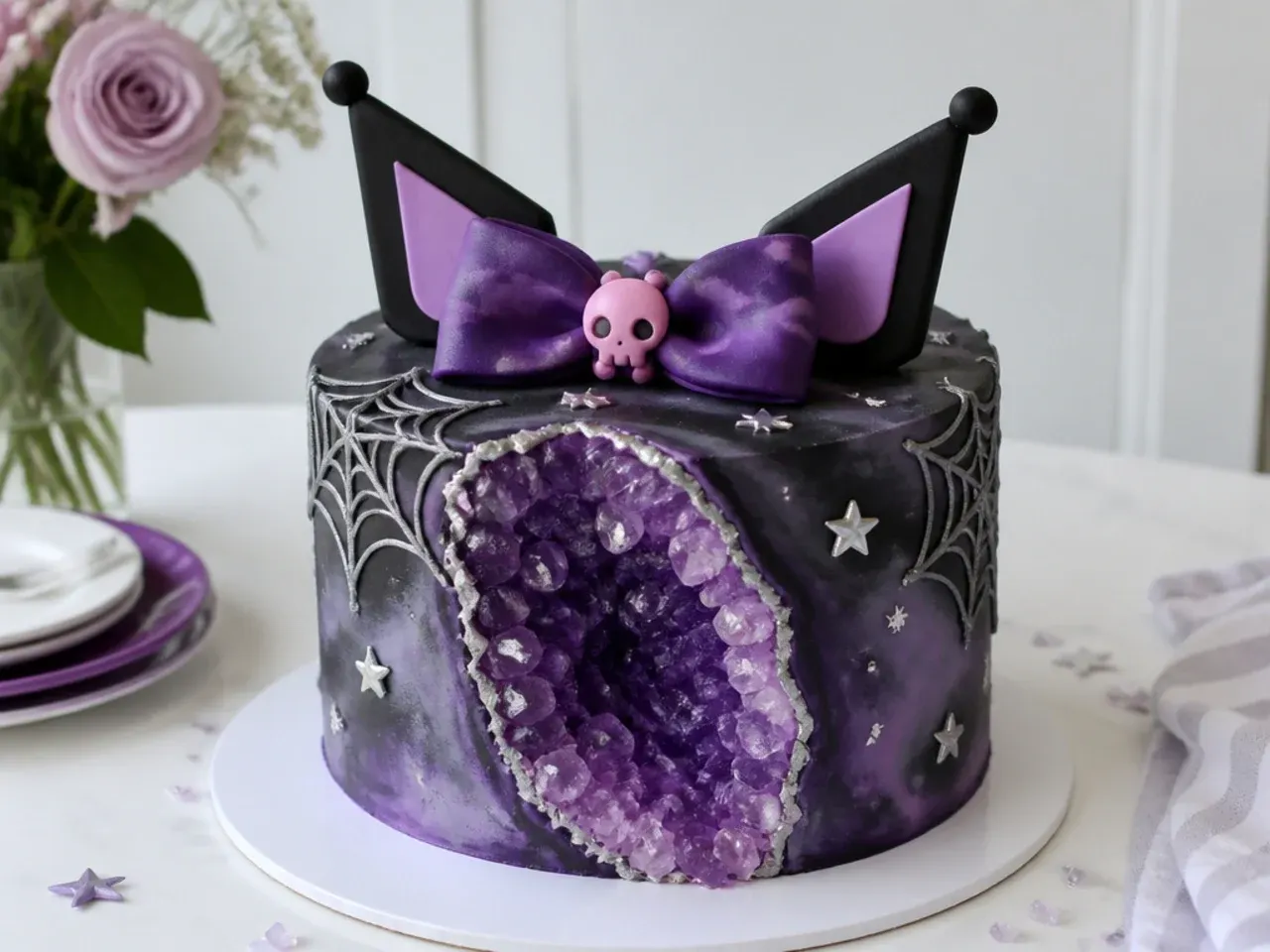 Creative amethyst geode Kuromi cake with purple rock candy crystals