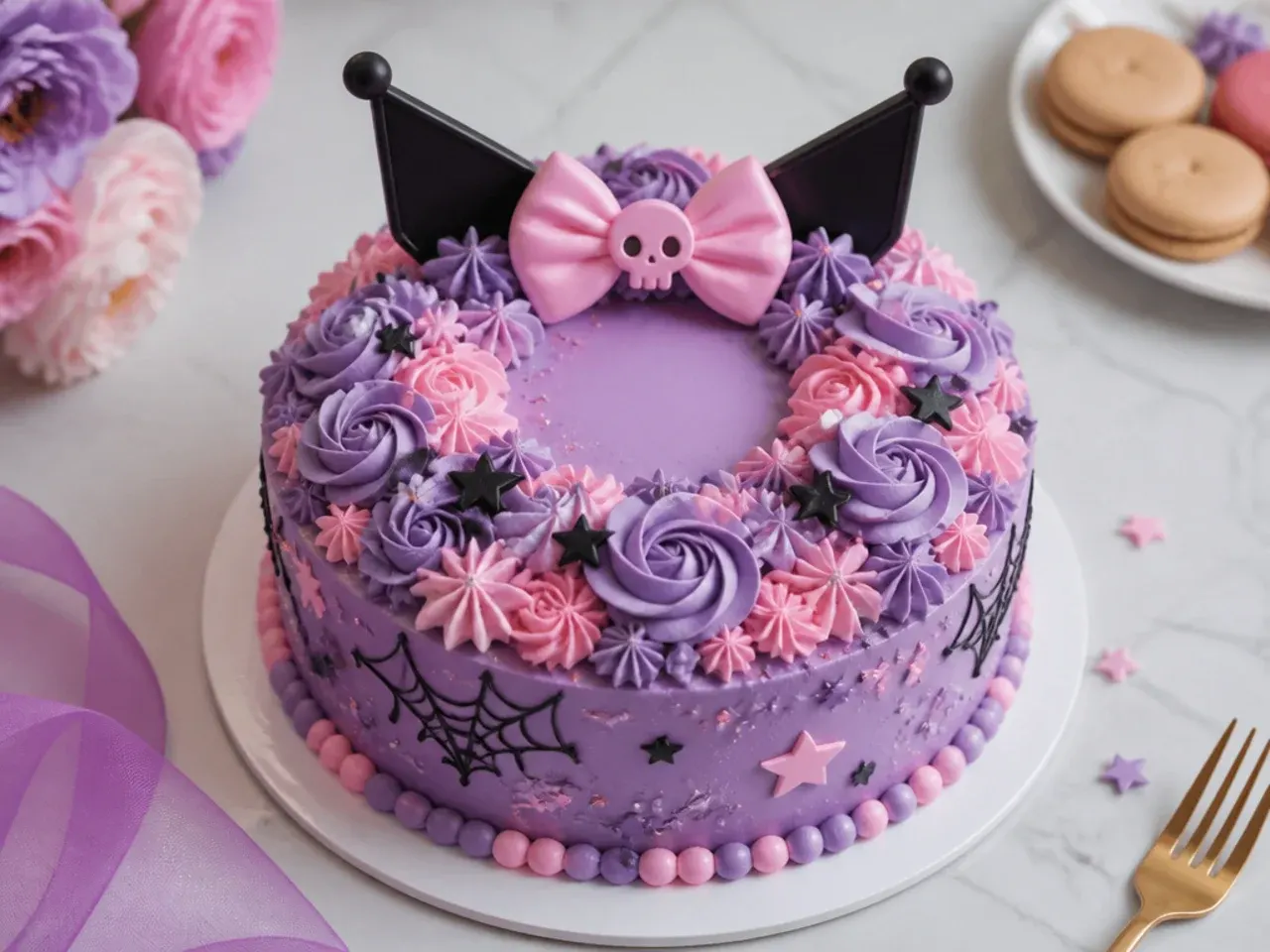 Charming buttercream flower wreath Kuromi cake in purple and pink