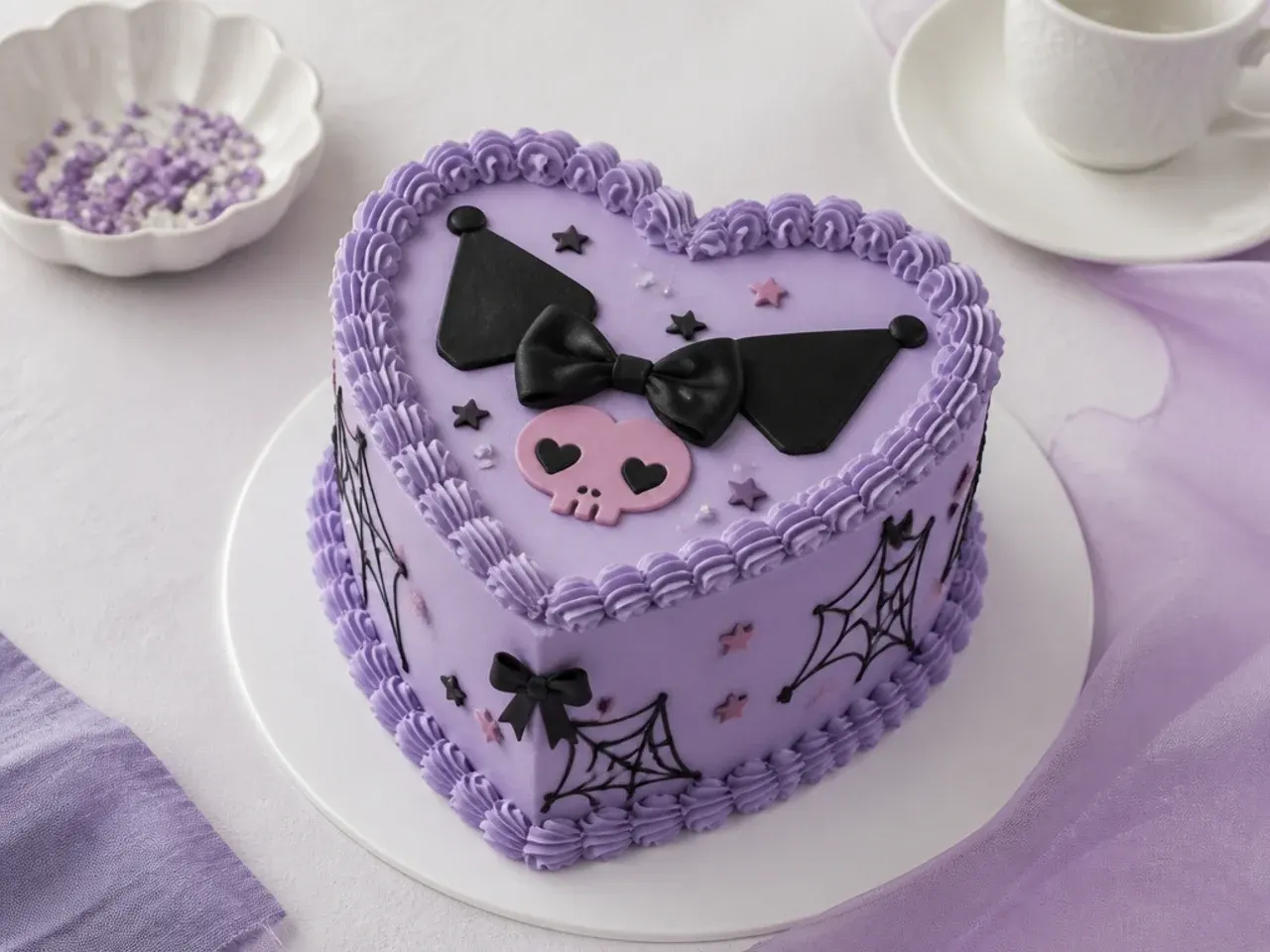 Classic heart-shaped Kuromi birthday cake in lavender with piped border