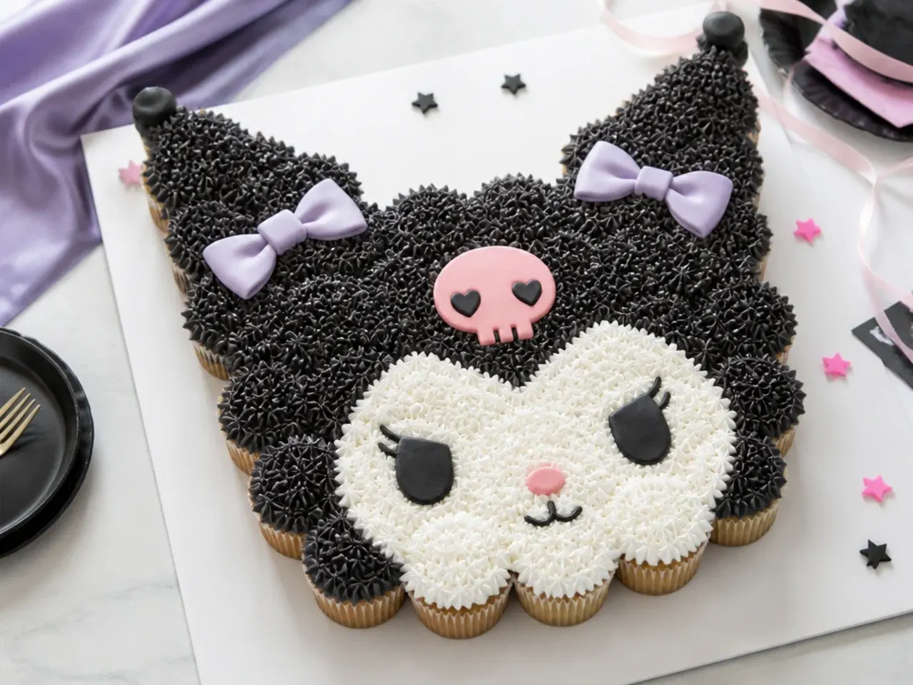 Easy pull-apart Kuromi cupcake cake arranged and piped as one design