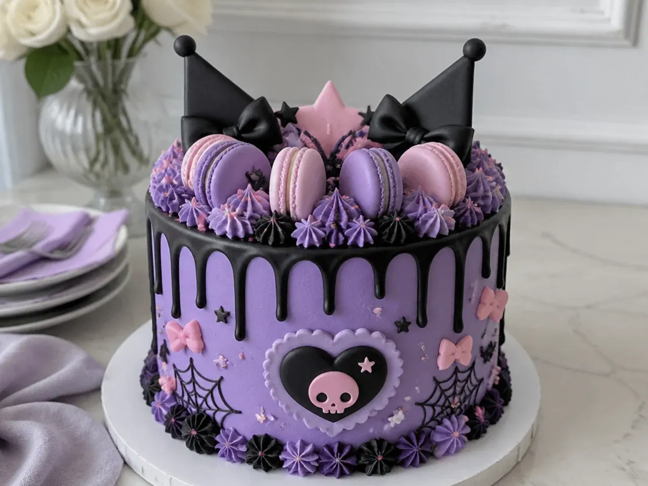 Elegant Kuromi cake topped with a crown of purple and pink macarons