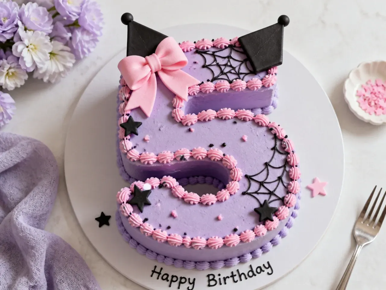 Playful number-shaped Kuromi birthday cake decorated in lavender and pink