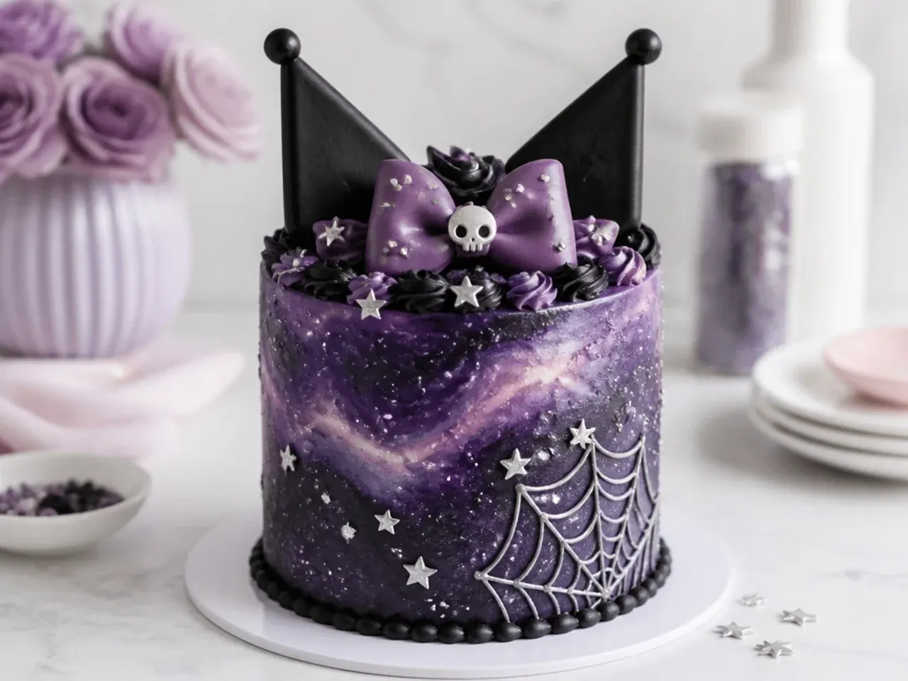 Modern galaxy Kuromi cake with purple nebula effect and silver stars