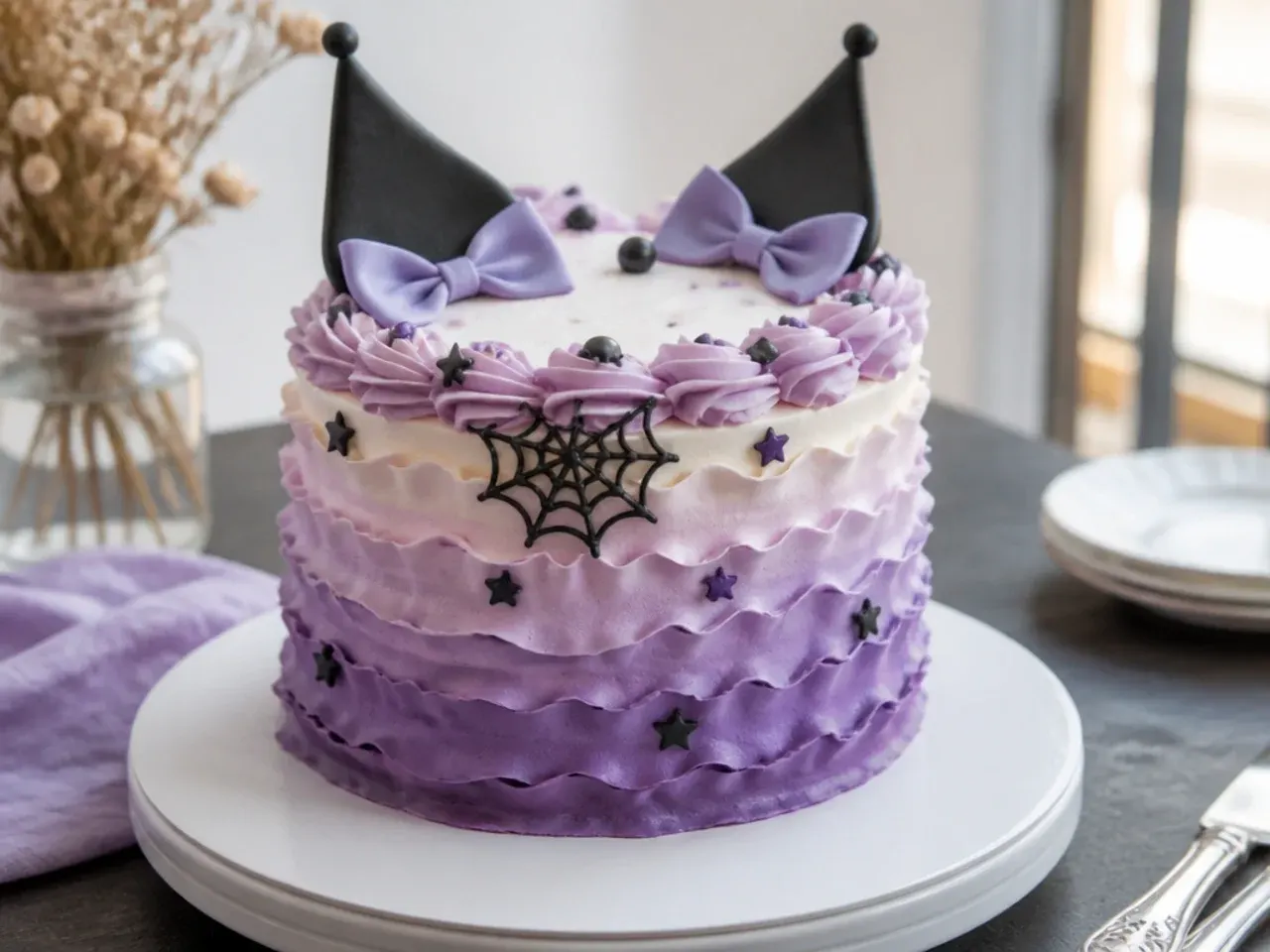 Rustic ombre ruffle Kuromi cake fading from deep purple to lilac