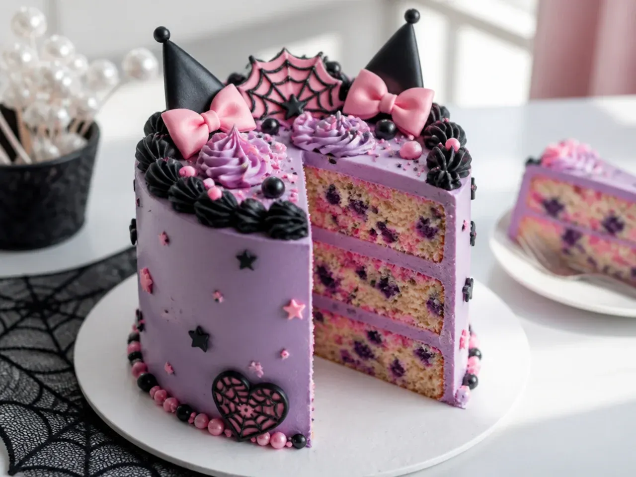 Colorful funfetti Kuromi cake with purple, pink and black sprinkles inside