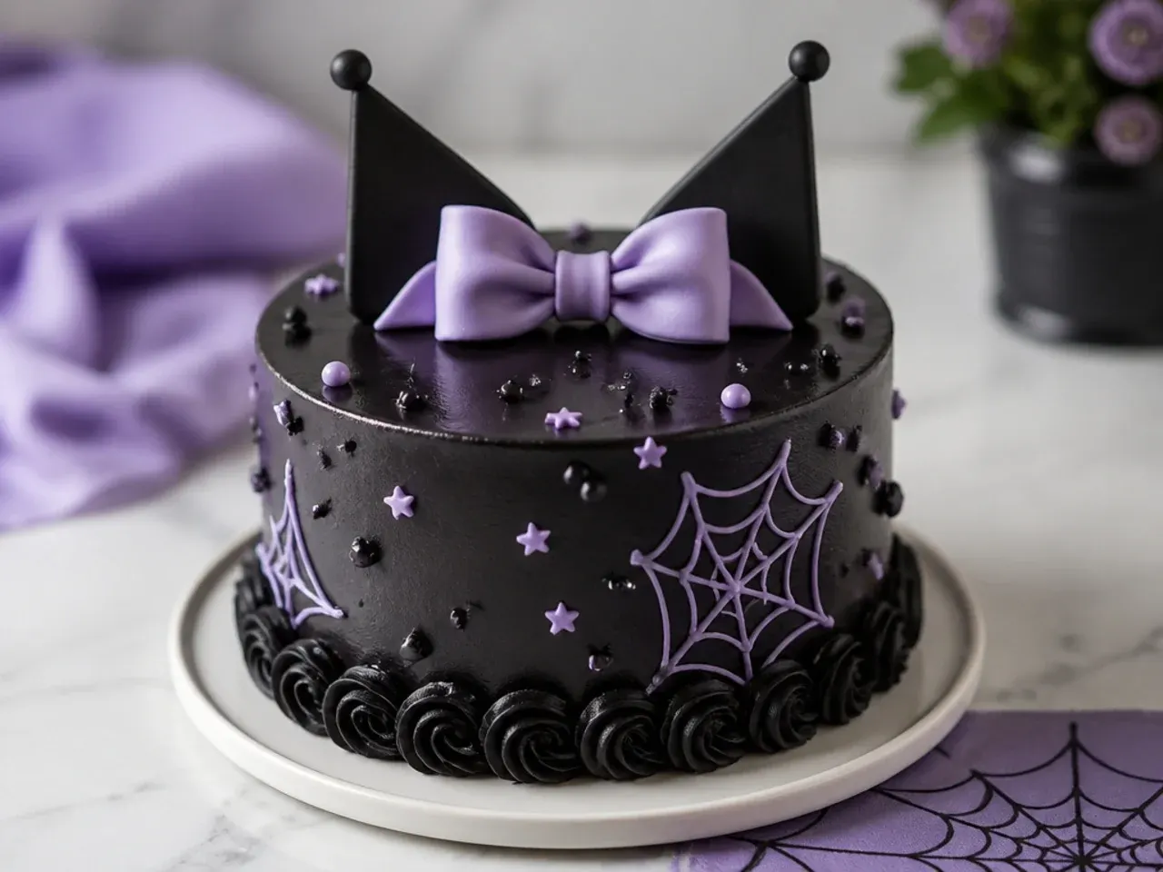 Minimal dark chocolate ganache Kuromi cake with lilac bow accent