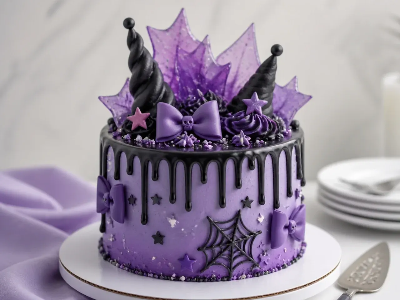 Festive Kuromi cake with purple isomalt sugar-glass star shards