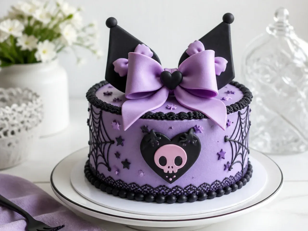 Whimsical 3D sculpted fondant bow topper on a lavender Kuromi cake
