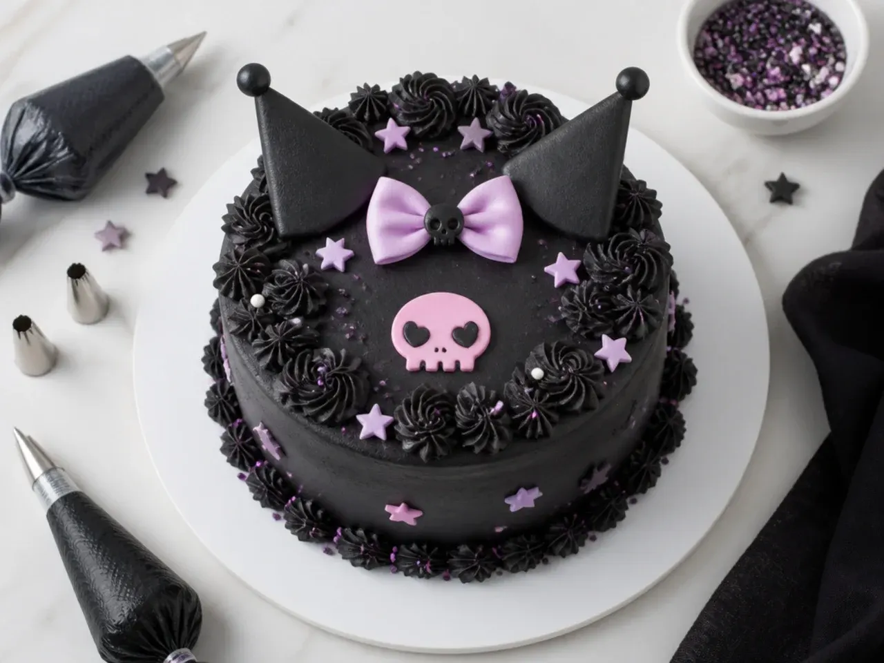 Kuromi cake decorating tips flatlay with black buttercream and piping tips