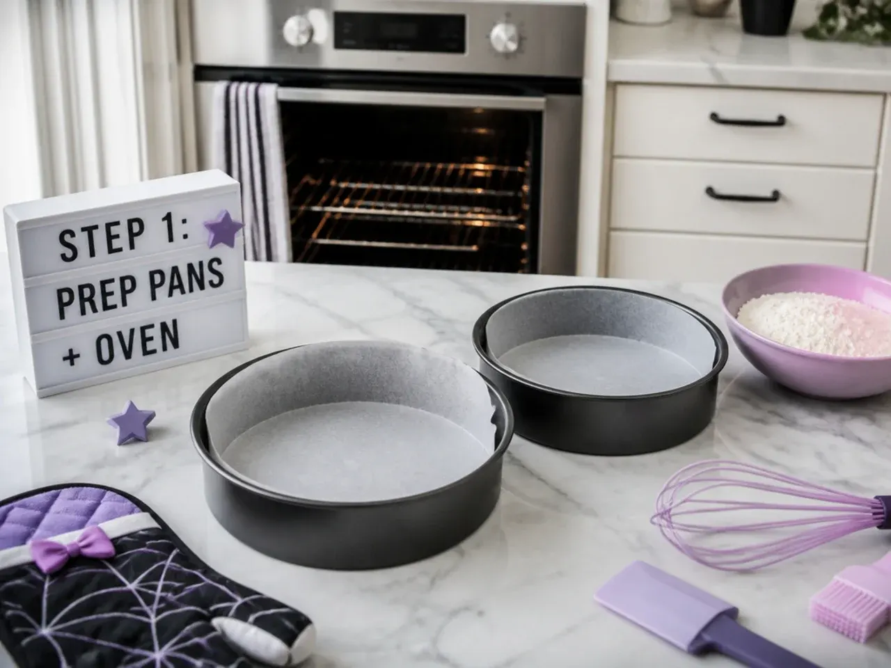 kuromi cake designs — step 1: prep pans and oven