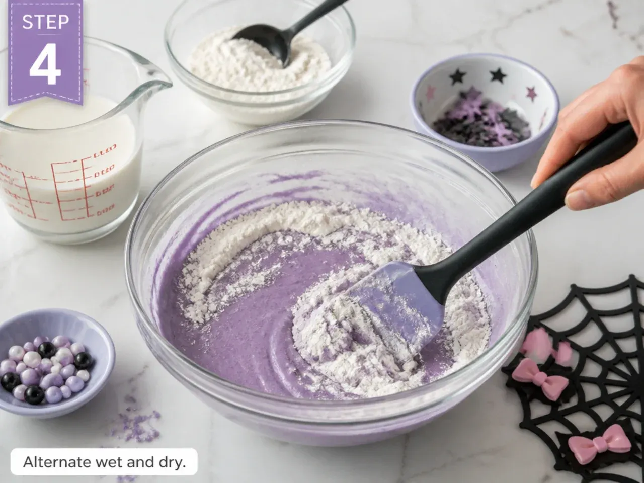 kuromi cake designs — step 4: alternate wet and dry