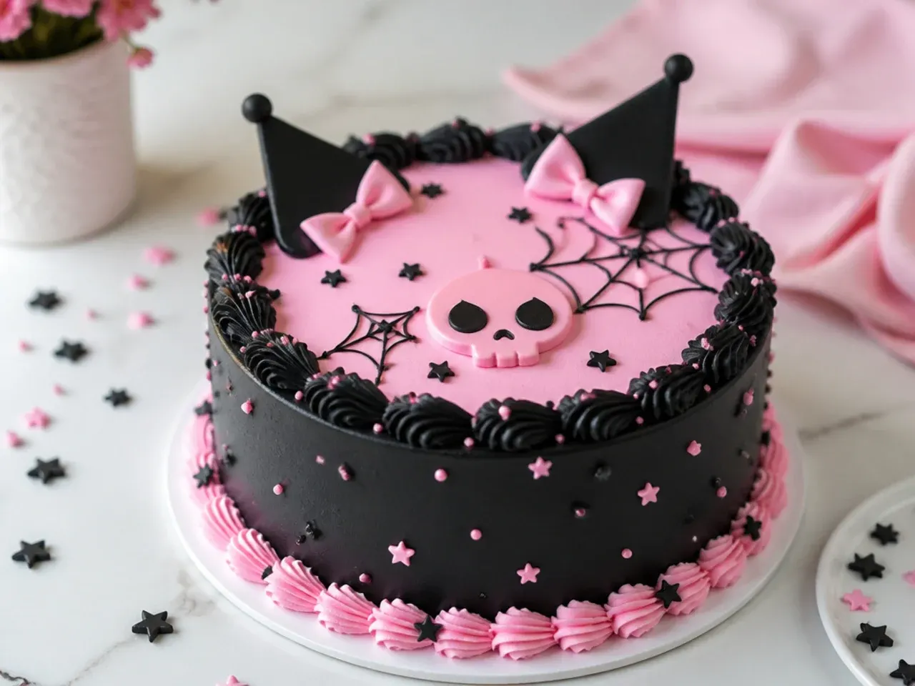Classic black and pink Kuromi cake design with smooth buttercream and piped border